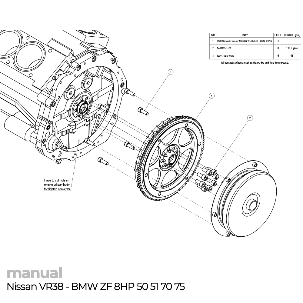 Nissan VR38Dett to BMW ZF 8HP 8HP50 8HP51 8HP70 8HP75 Converter Adapter installation manual