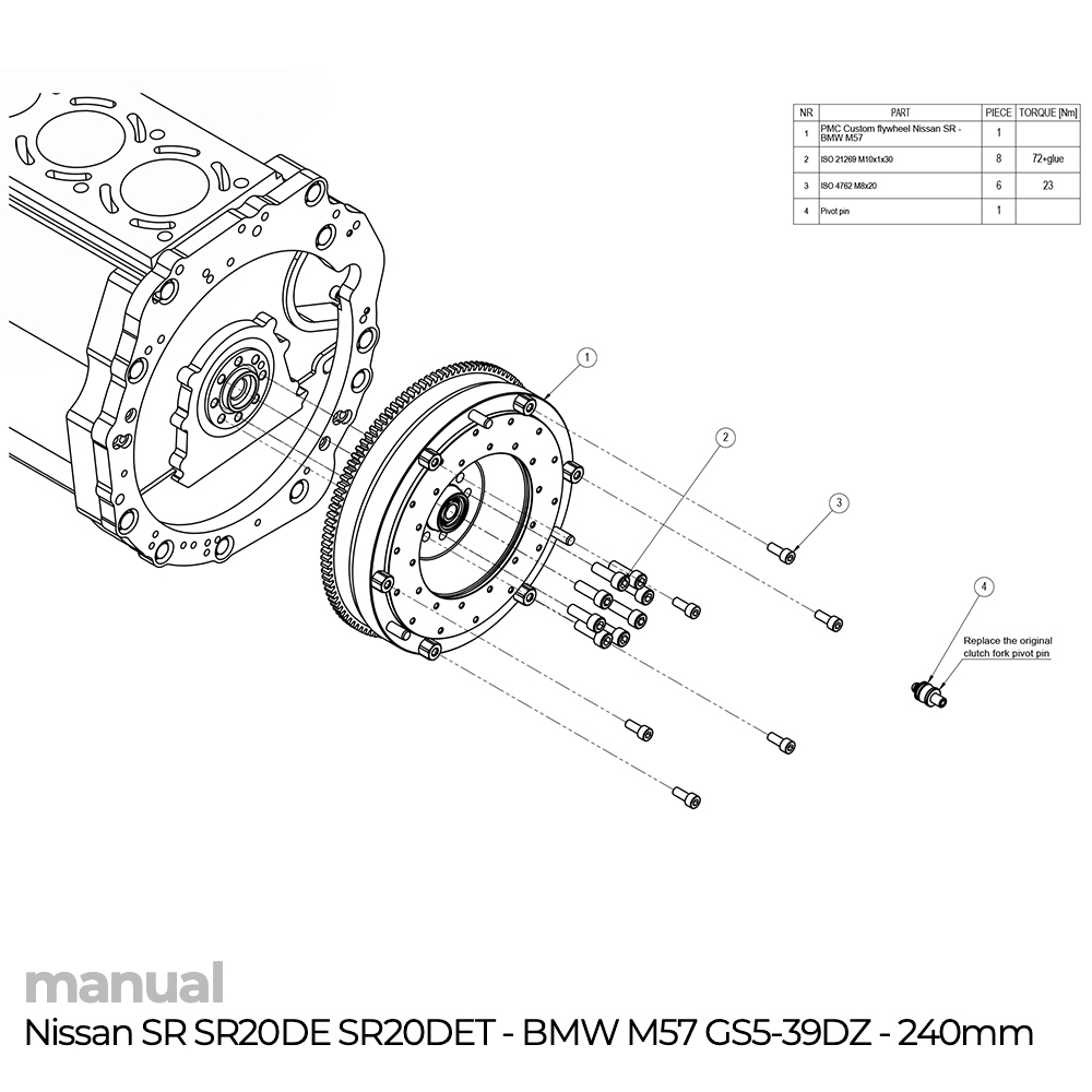 instrukcja montażu koła zamachowego PMC Nissan SR SR20 SR20DE SR20DET - bmw gs5-39dz e39 3.0240mm