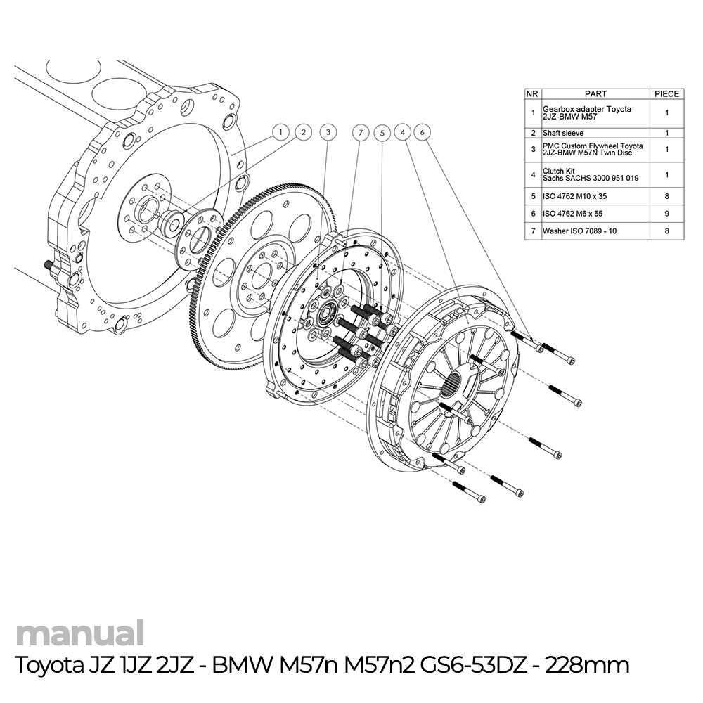 instrukcja montażu koła zamachowego PMC Toyota JZ 1JZ 2JZ - BMW ZF GS6-53DZ 228 Twin Disc m5