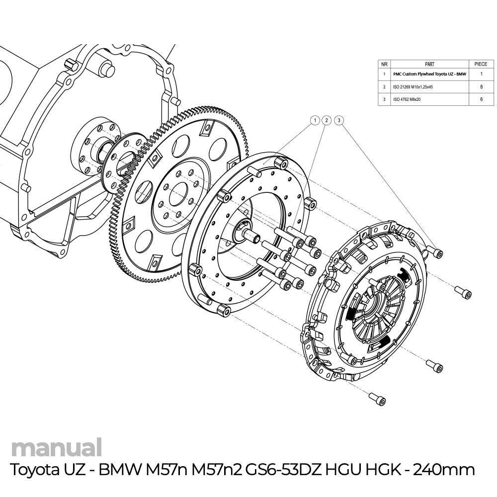 instrukcja montażu koła zamachowego PMC Toyota UZ 1UZ 3UZ - BMW ZF GS6-53DZ HGU HGK 240mm