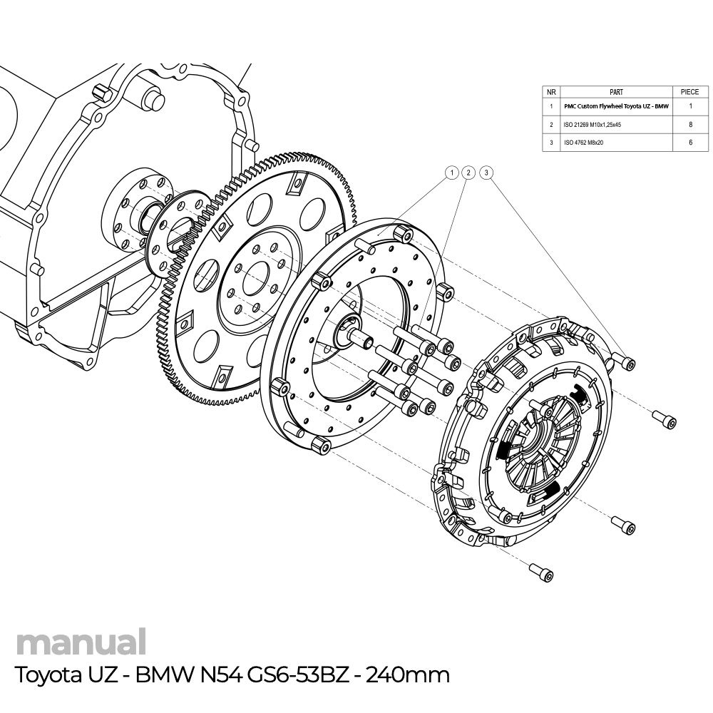 instrukcja montażu koła zamachowego PMC Toyota UZ 1UZ 3UZ - BMW ZF GS6-53DZ HGU HGK 240mm