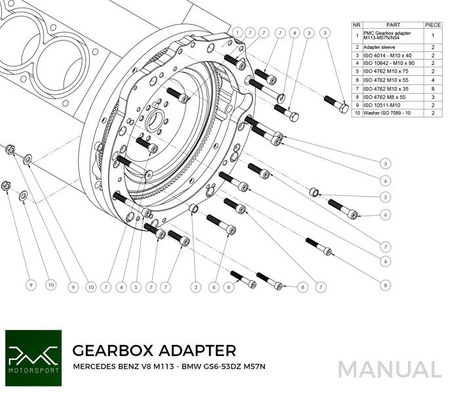 Adapter Mercedes-Benz M112 M113 M113K - manual 6-biegów BMW M57n GS6-53DZ HGD JGA HGA - 240mm / 9.45"
