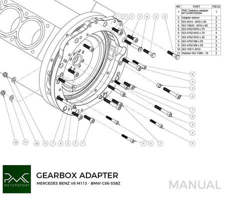 Adapter Mercedes-Benz M113 - BMW M57N2 GS6-53DZ HGU HGK / N54 GS6-53BZ -184mm / 7.25" (P)